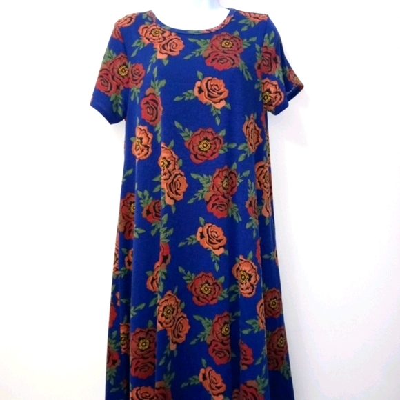 LULAROE T-SHIRT DRESS SHORT SLEEVE NAVY/FLOWERS - Picture 3 of 12